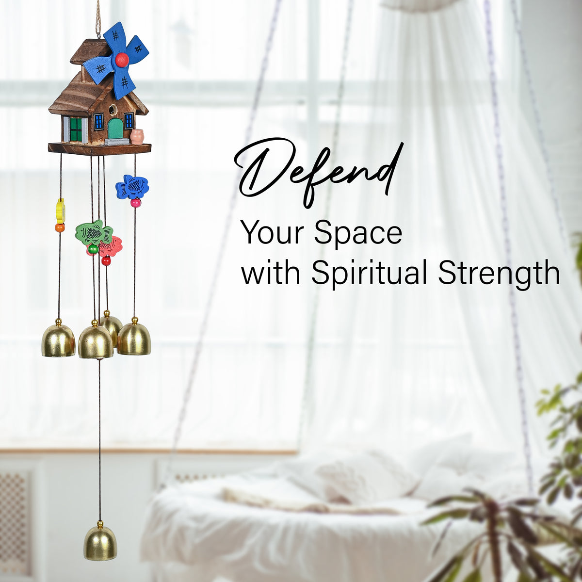 HindCraft Wooden House Wind Chime with Brass Bells for Home Decor