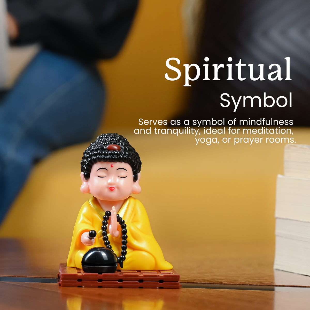 HindCraft Solar-Powered Yellow Meditating Monk Showpiece with Prayer Beads and Bell for Home, Office & Car Dashboard Décor