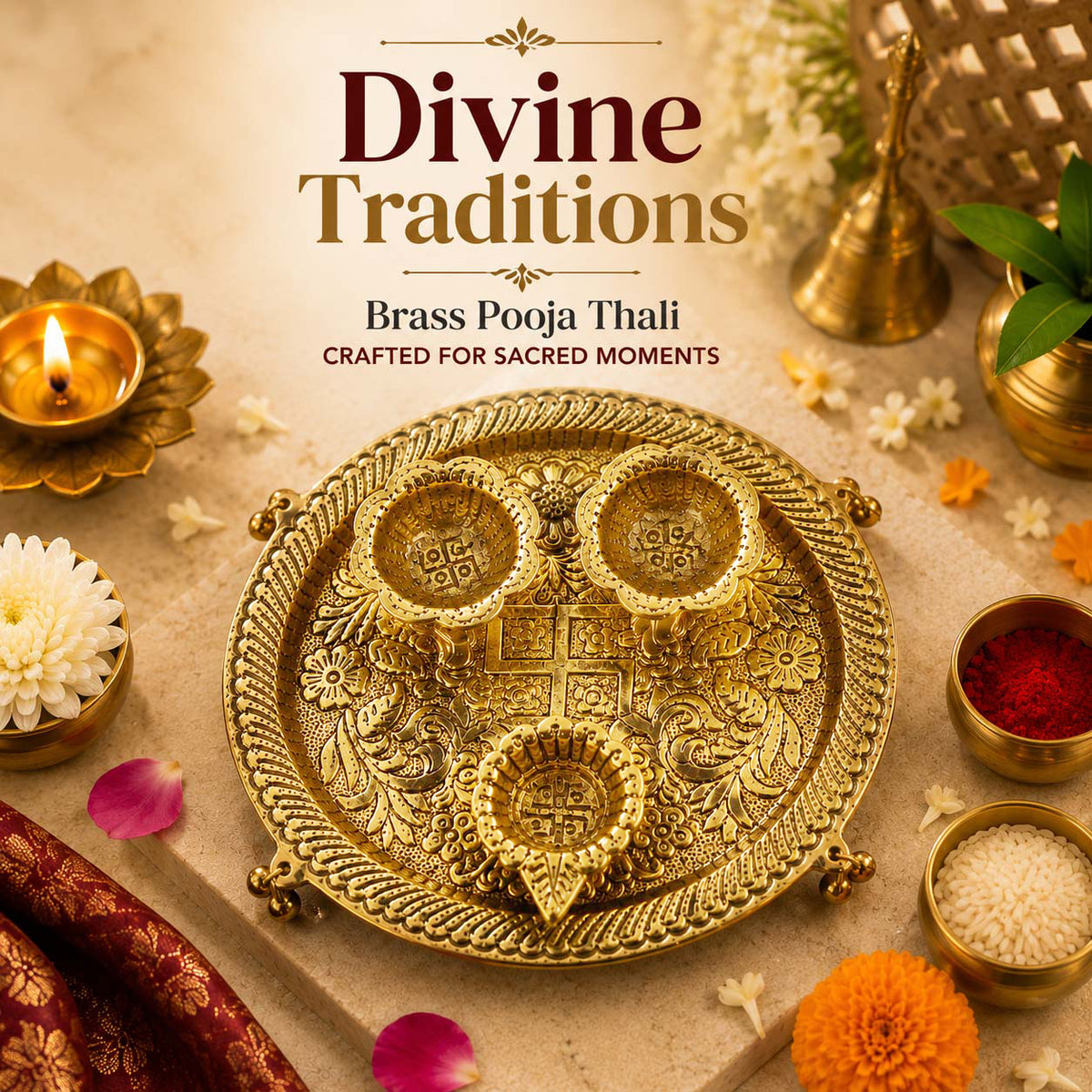 HindCraft Decorative Brass Pooja Thali Set with 3 Bowls for Home Temple, Aarti, Festivals & Religious Ceremonies