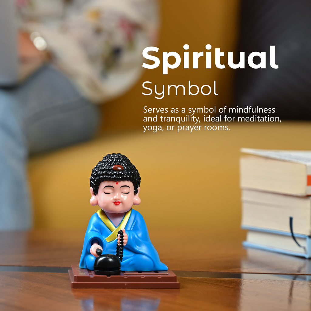 HindCraft Solar-Powered Blue Meditating Monk Showpiece with Prayer Beads and Bell for Home, Office & Car Dashboard Décor