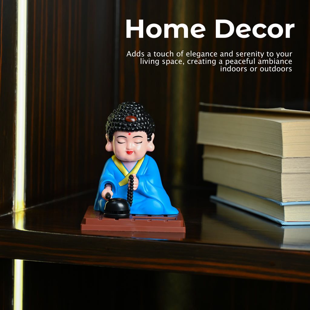 HindCraft Solar-Powered Blue Meditating Monk Showpiece with Prayer Beads and Bell for Home, Office & Car Dashboard Décor