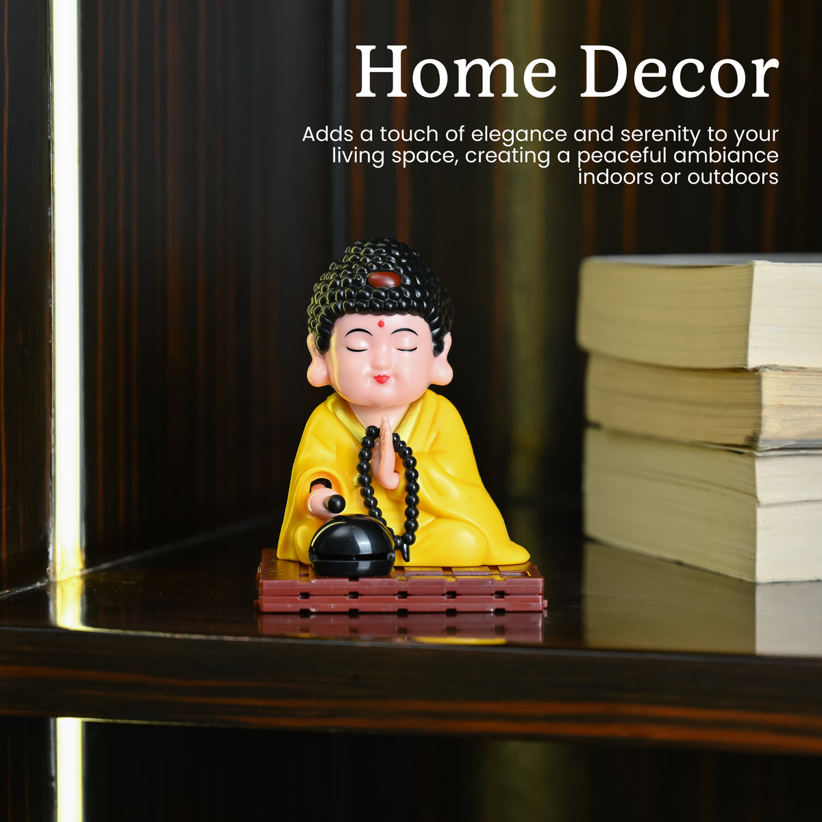 HindCraft Solar-Powered Yellow Meditating Monk Showpiece with Prayer Beads and Bell for Home, Office & Car Dashboard Décor