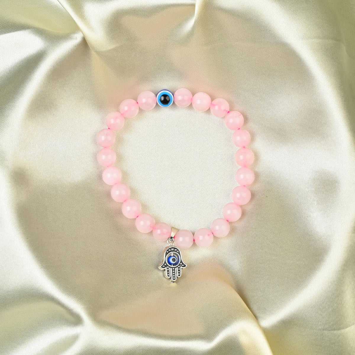 HindCraft Rose Quartz Evil Eye Bracelet with Hamsa Charm for Women