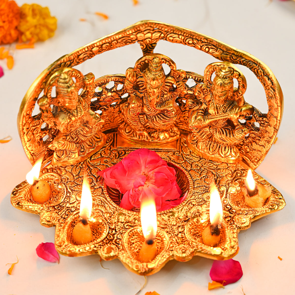 HindCraft Metal Laxmi Ganesh Saraswati Idol with 5 Diyas for Puja & Home Décor