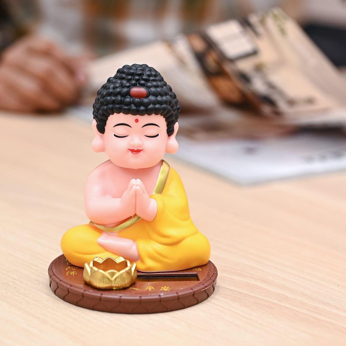 HindCraft Solar-Powered Namaste Buddha Monk Showpiece with Lotus for Home, Office & Car Dashboard Décor