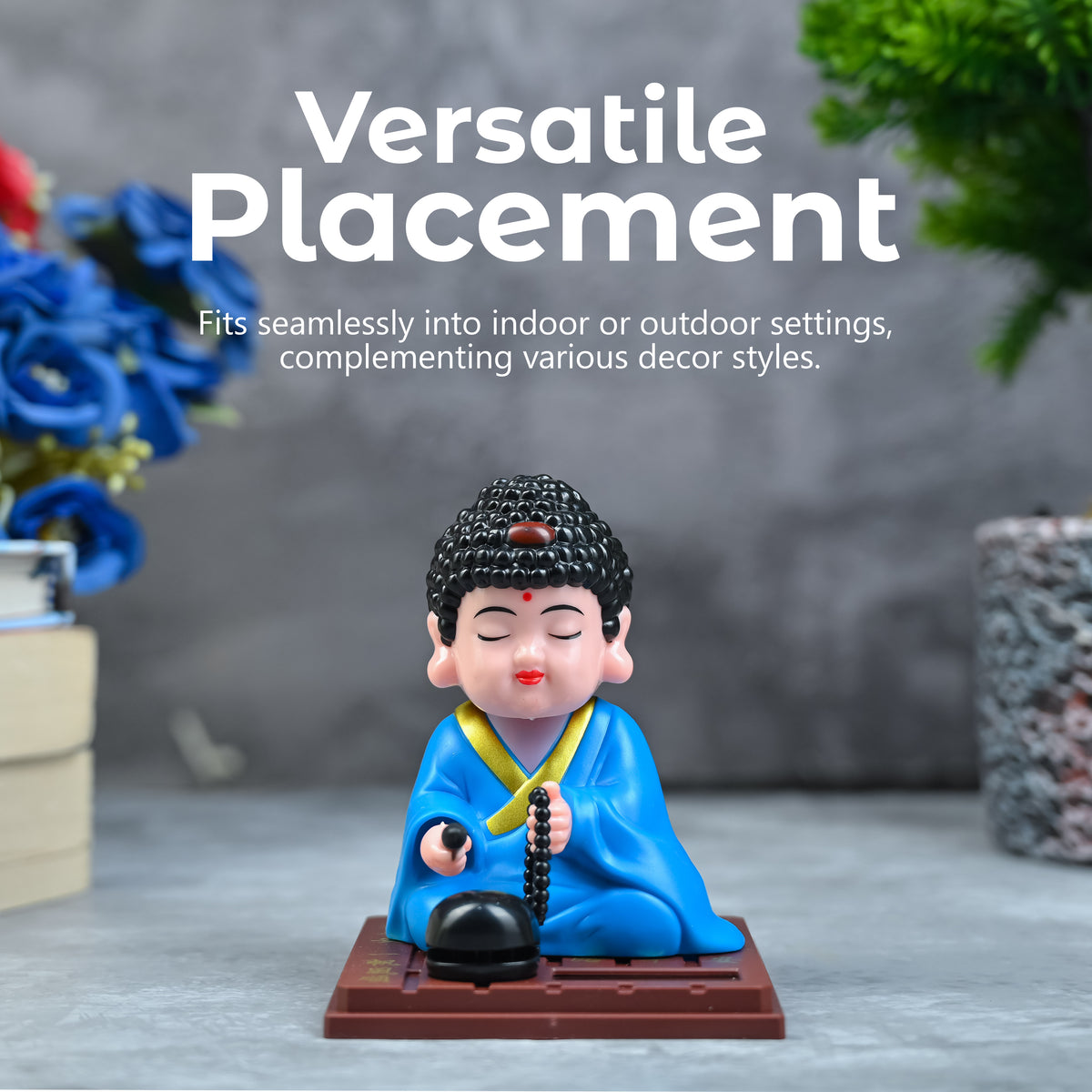 HindCraft Solar-Powered Blue Meditating Monk Showpiece with Prayer Beads and Bell for Home, Office & Car Dashboard Décor