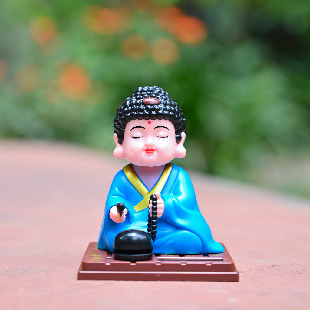 HindCraft Solar-Powered Blue Meditating Monk Showpiece with Prayer Beads and Bell for Home, Office & Car Dashboard Décor