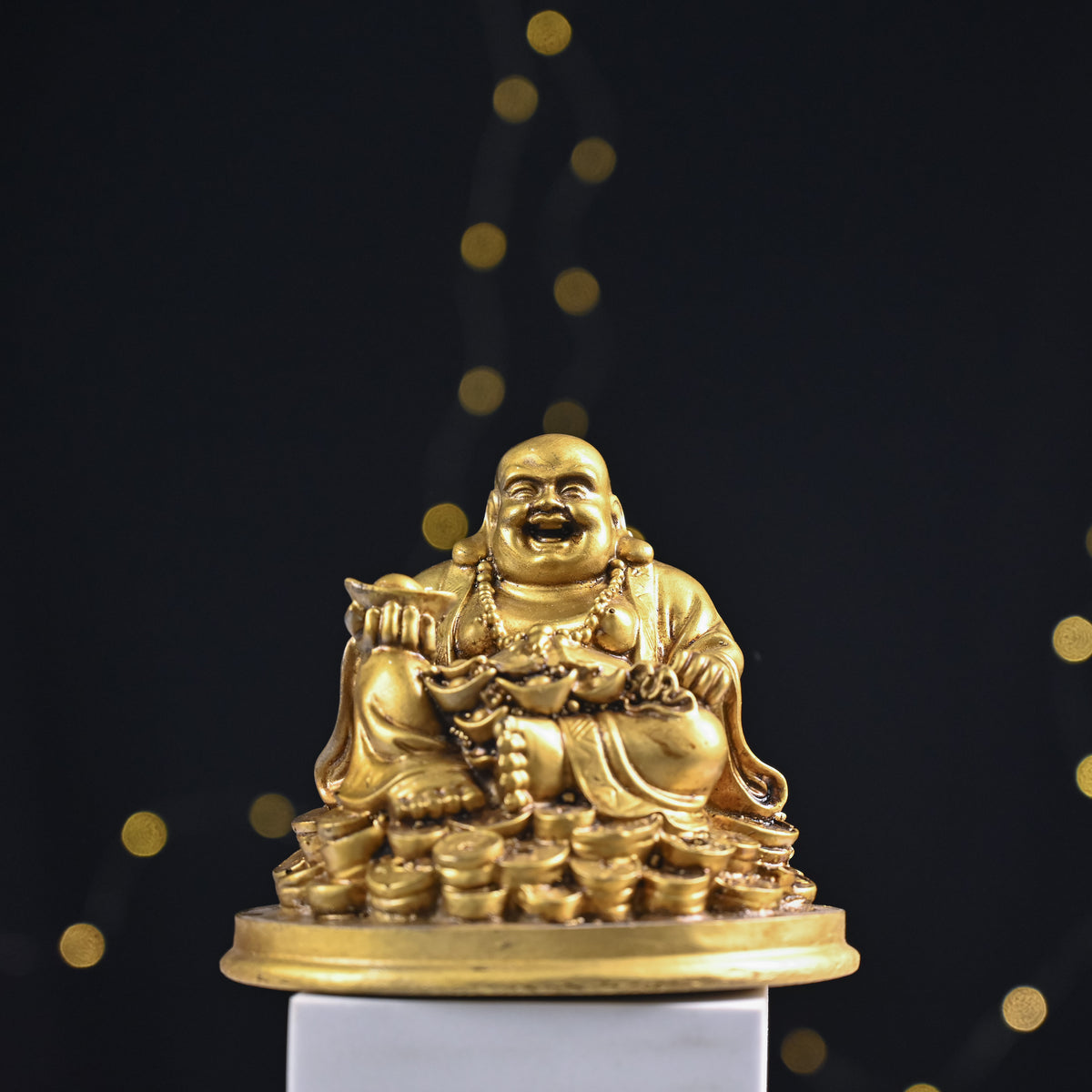 HindCraft Golden Laughing Buddha Idol with Wealth Pot for Home, Office & Table Décor
