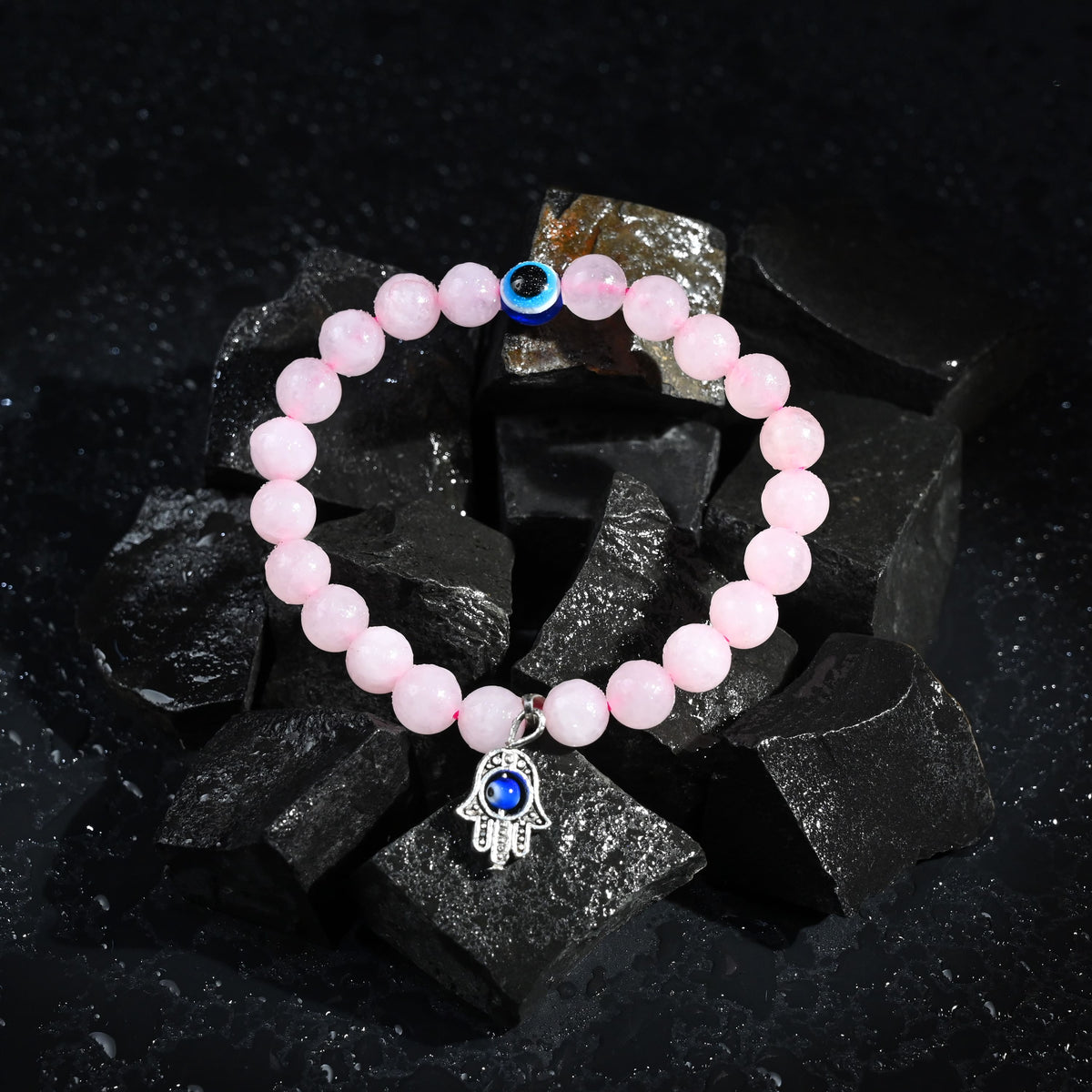HindCraft Rose Quartz Evil Eye Bracelet with Hamsa Charm for Women