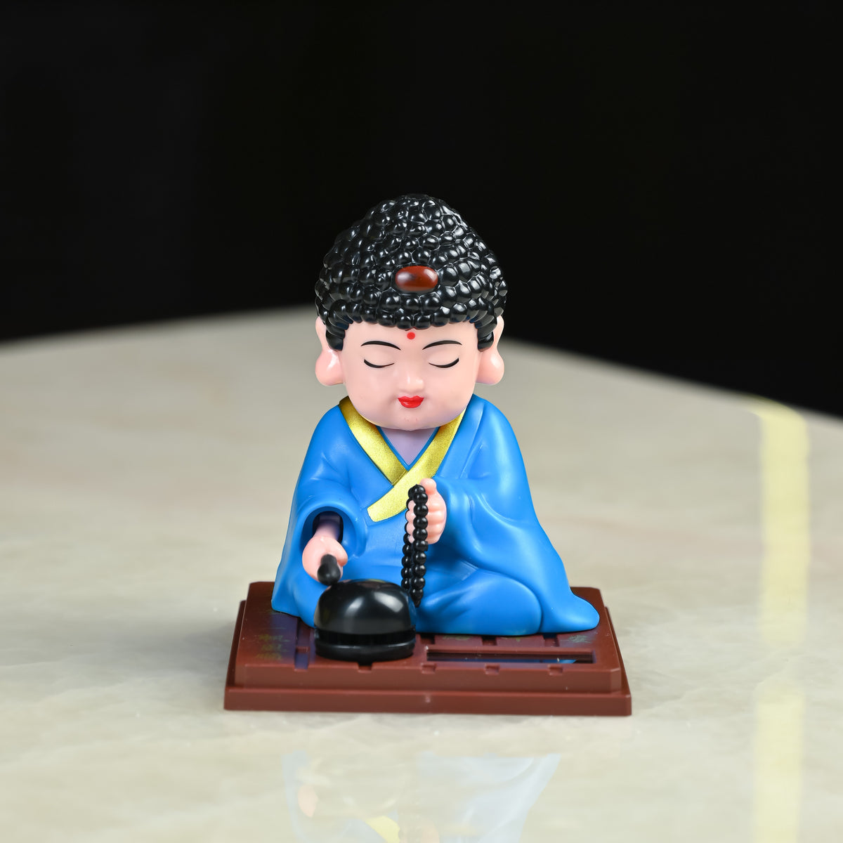 HindCraft Solar-Powered Blue Meditating Monk Showpiece with Prayer Beads and Bell for Home, Office & Car Dashboard Décor