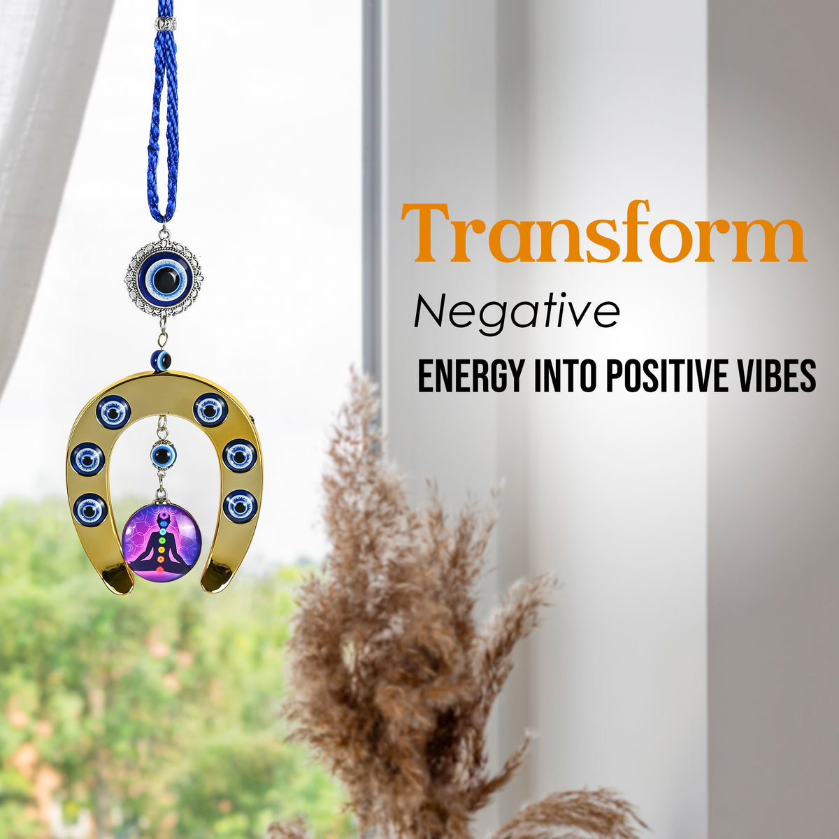 HindCraft Evil Eye Horseshoe Hanging with Chakra Meditation Pendant for Home Entrance, Wall, Door & Office Décor