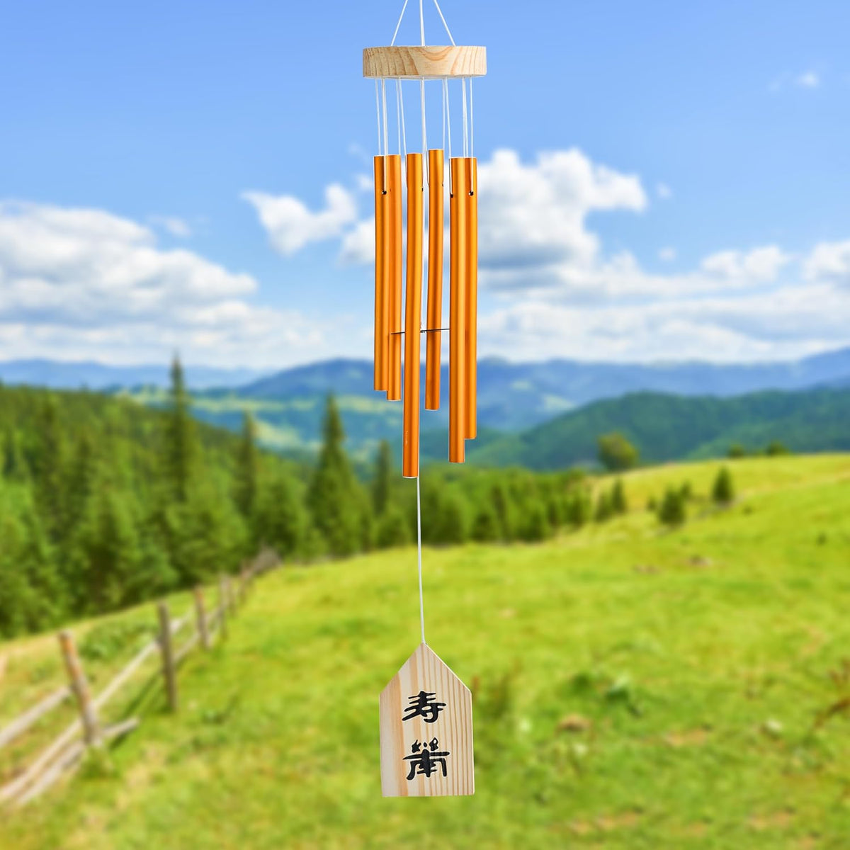 HindCraft Golden Metal Wind Chime with Wooden Top for Home & Garden Decor