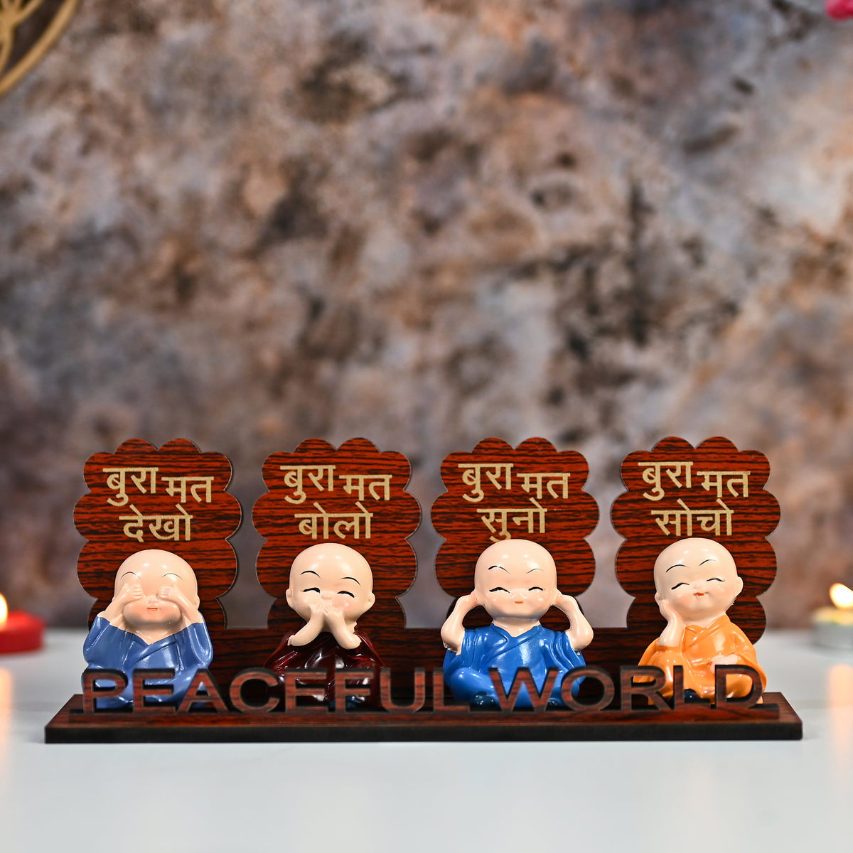 HindCraft Peaceful World Four Monk Showpiece with Hindi Quotes for Home Décor