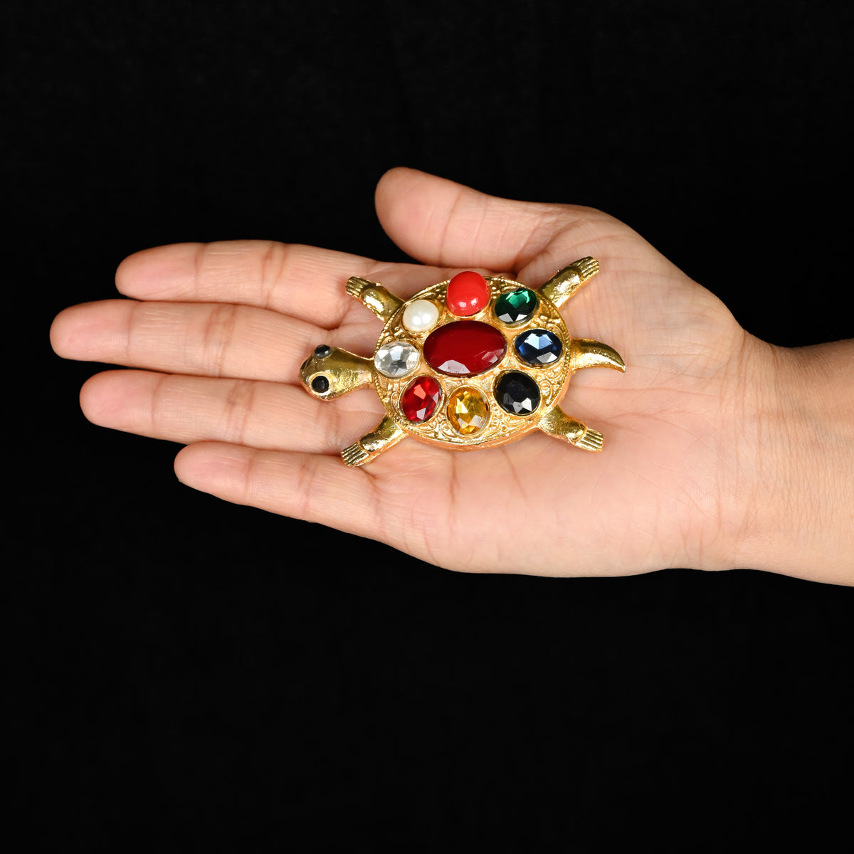 HindCraft Navratna Tortoise Decorative Showpiece with Multicolour Gemstone Design for Home, Office & Gift