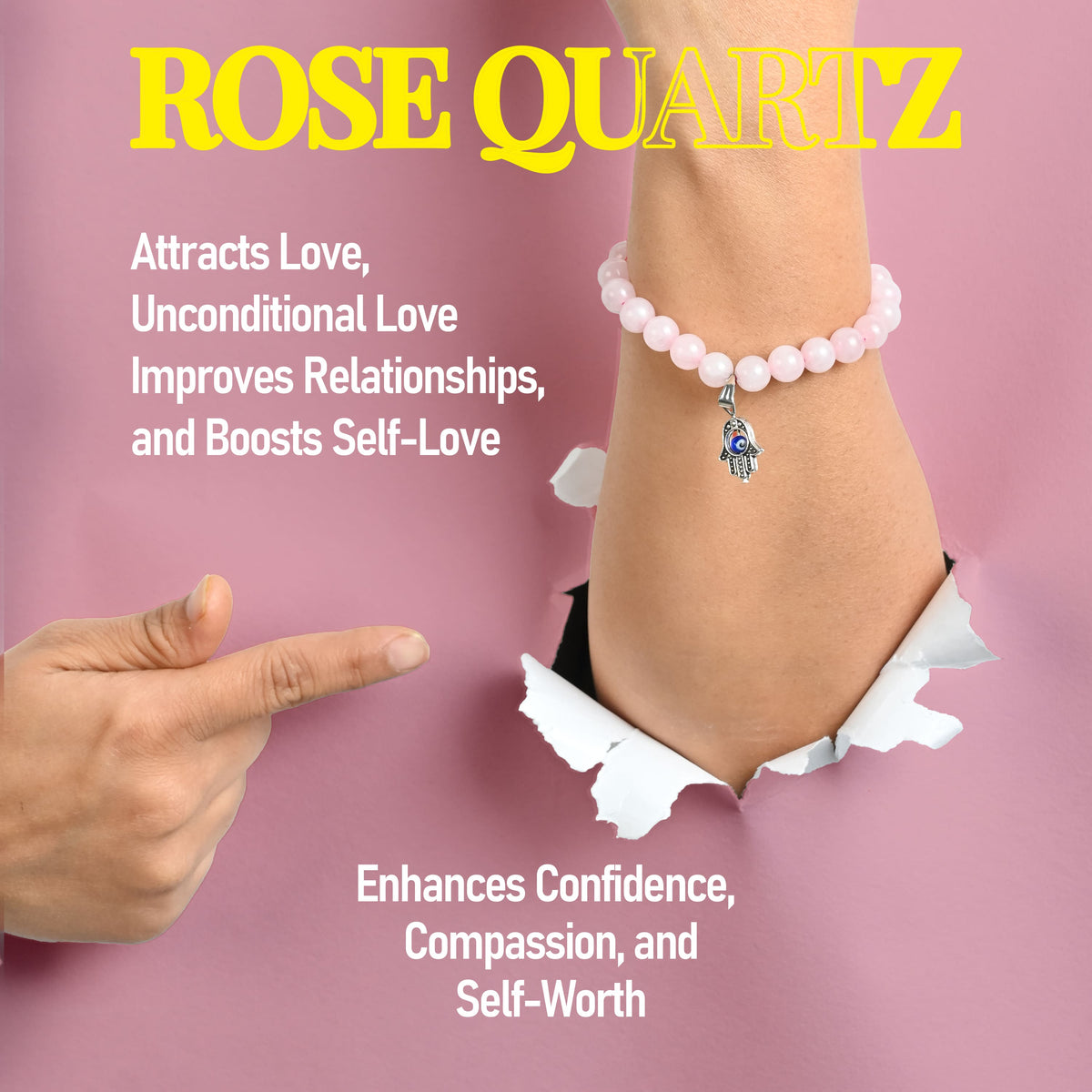 HindCraft Rose Quartz Evil Eye Bracelet with Hamsa Charm for Women