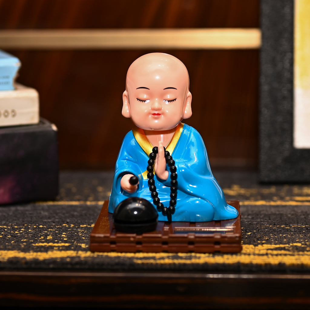 HindCraft Solar-Powered Blue Namaste Monk Showpiece with Prayer Beads for Home, Office & Car Dashboard Décor