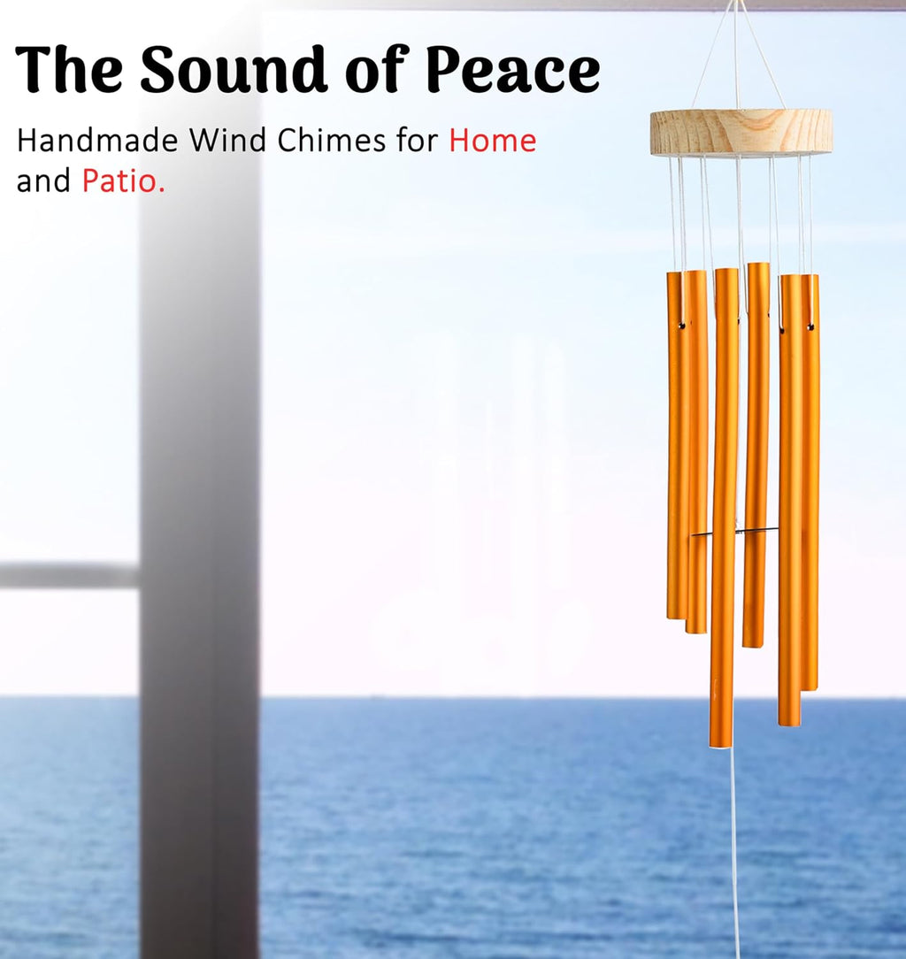 HindCraft Golden Metal Wind Chime with Wooden Top for Home & Garden Decor