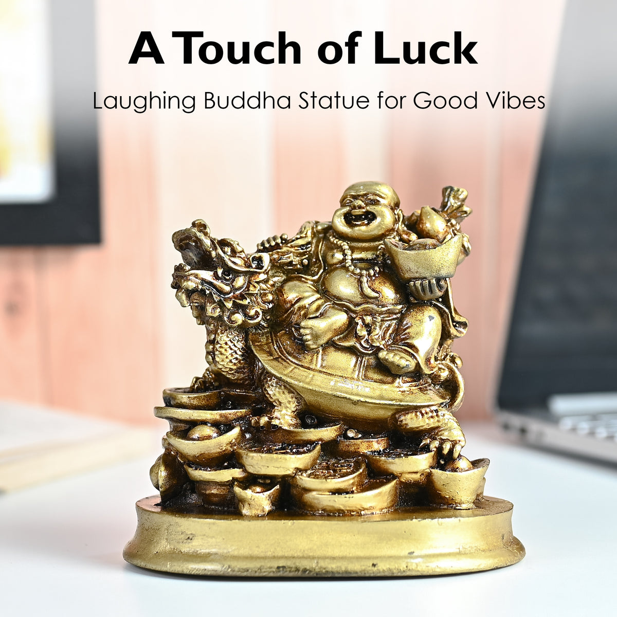 HindCraft Golden Laughing Buddha on Dragon Turtle with Wealth Ingots for Home, Office, Shop & Business Décor