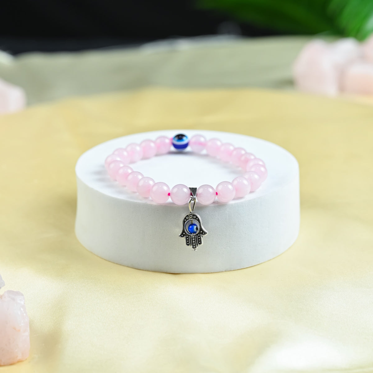 HindCraft Rose Quartz Evil Eye Bracelet with Hamsa Charm for Women