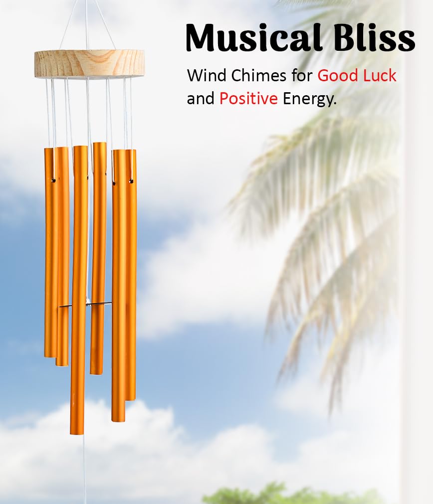 HindCraft Golden Metal Wind Chime with Wooden Top for Home & Garden Decor