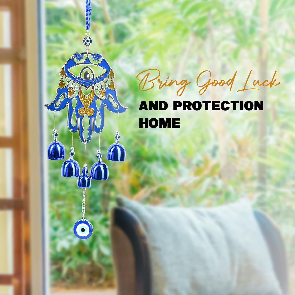 HindCraft Hamsa Hand Evil Eye Hanging with Blue Bells | Turkish Nazar Wall & Door Decor