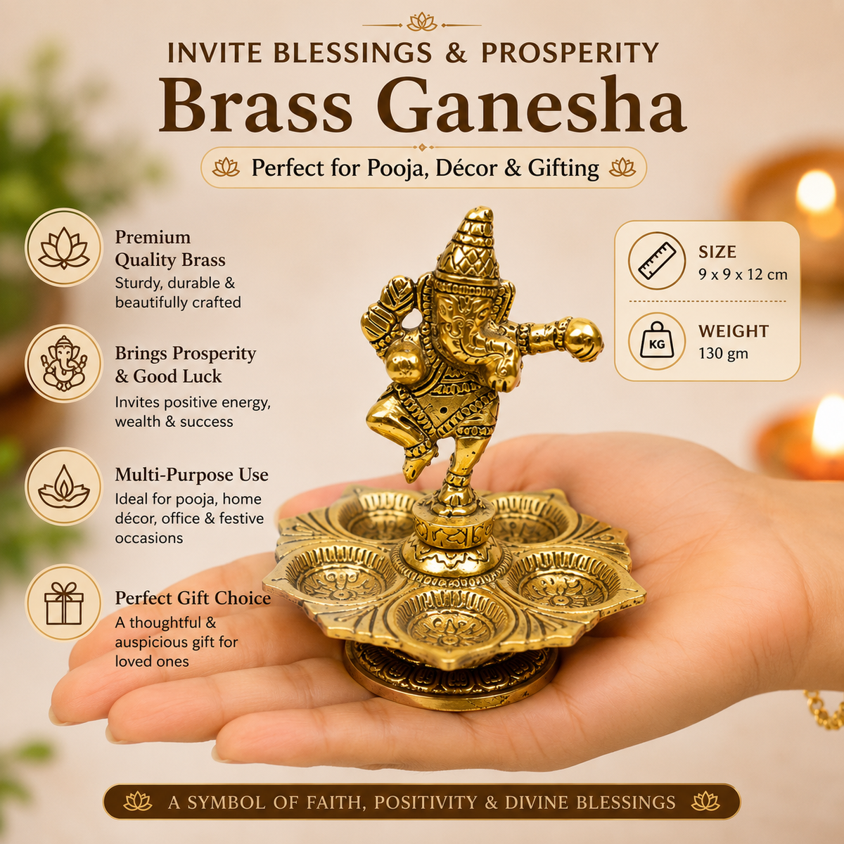 HindCraft Brass Dancing Ganesha Diya with 5 Oil Lamps | Traditional Brass Deepam for Home Temple, Pooja Room & Festive Décor