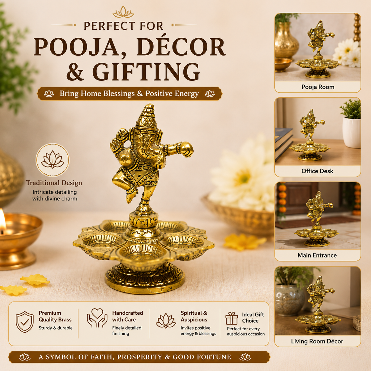 HindCraft Brass Dancing Ganesha Diya with 5 Oil Lamps | Traditional Brass Deepam for Home Temple, Pooja Room & Festive Décor