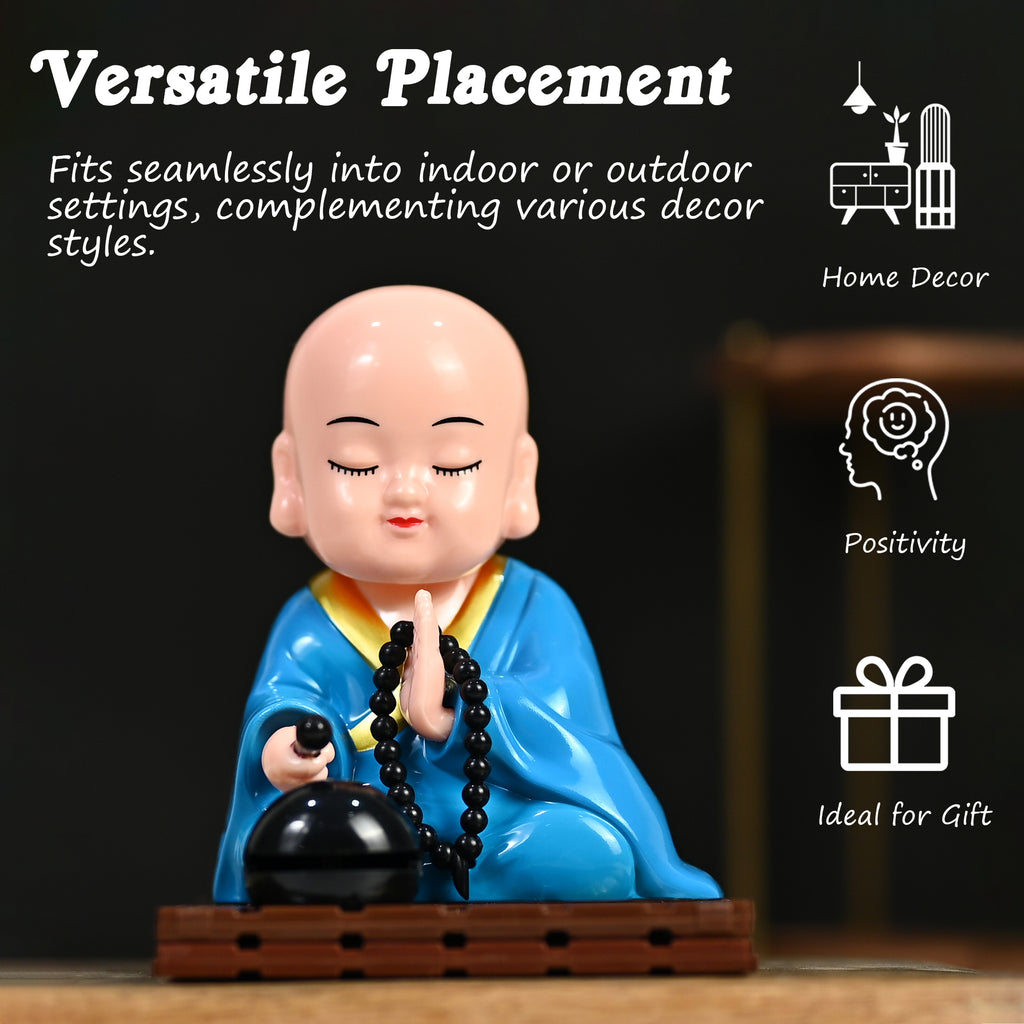 HindCraft Solar-Powered Blue Namaste Monk Showpiece with Prayer Beads for Home, Office & Car Dashboard Décor