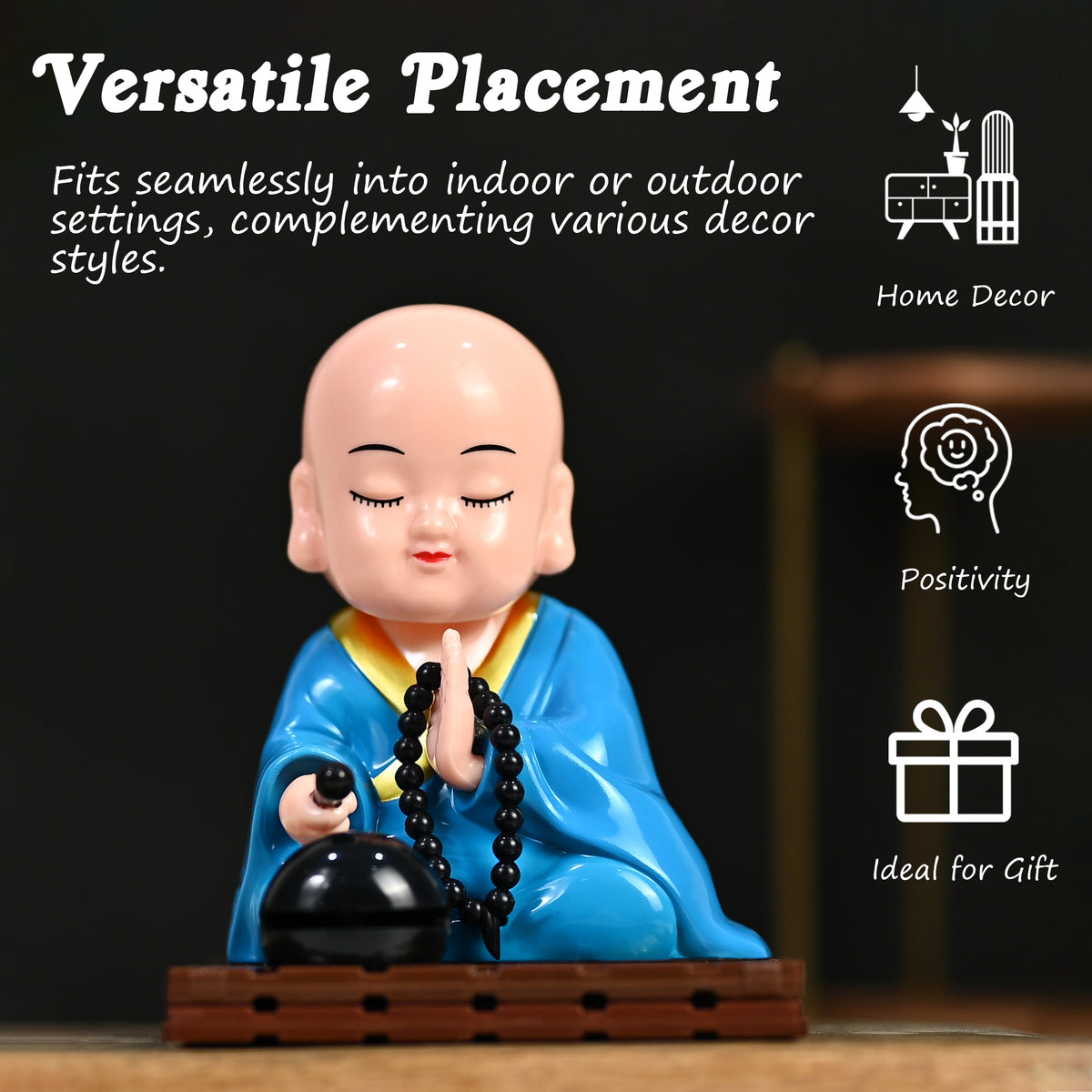 HindCraft Solar-Powered Blue Namaste Monk Showpiece with Prayer Beads for Home, Office & Car Dashboard Décor