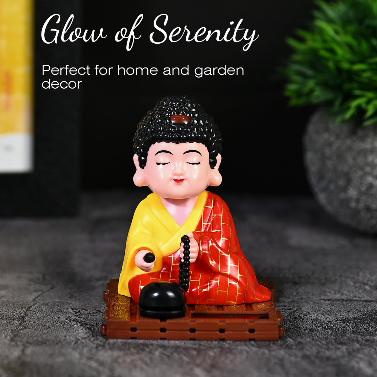 HindCraft Solar-Powered Meditating Monk Showpiece with Prayer Beads and Bell for Home, Office & Car Dashboard Décor