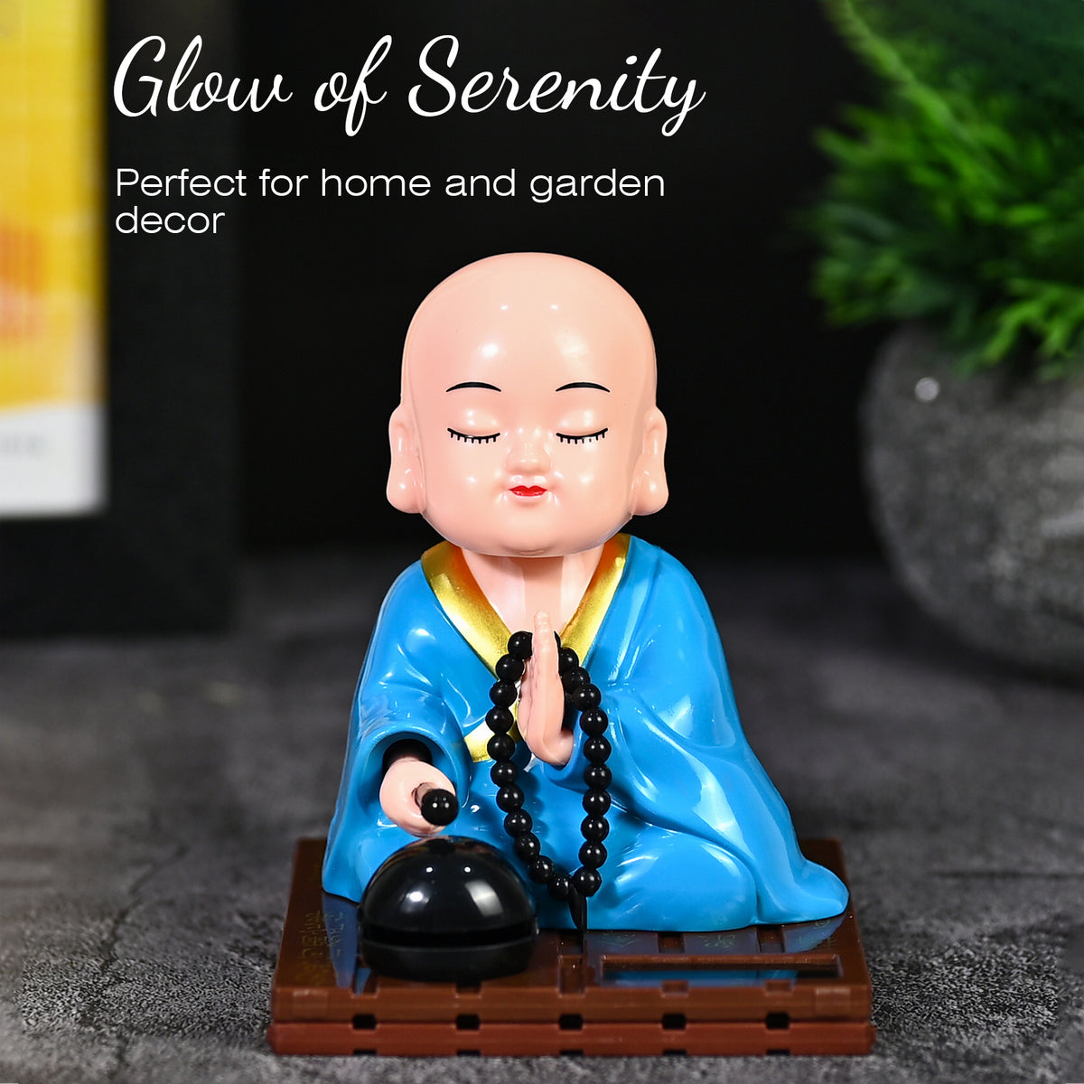 HindCraft Solar-Powered Blue Namaste Monk Showpiece with Prayer Beads for Home, Office & Car Dashboard Décor