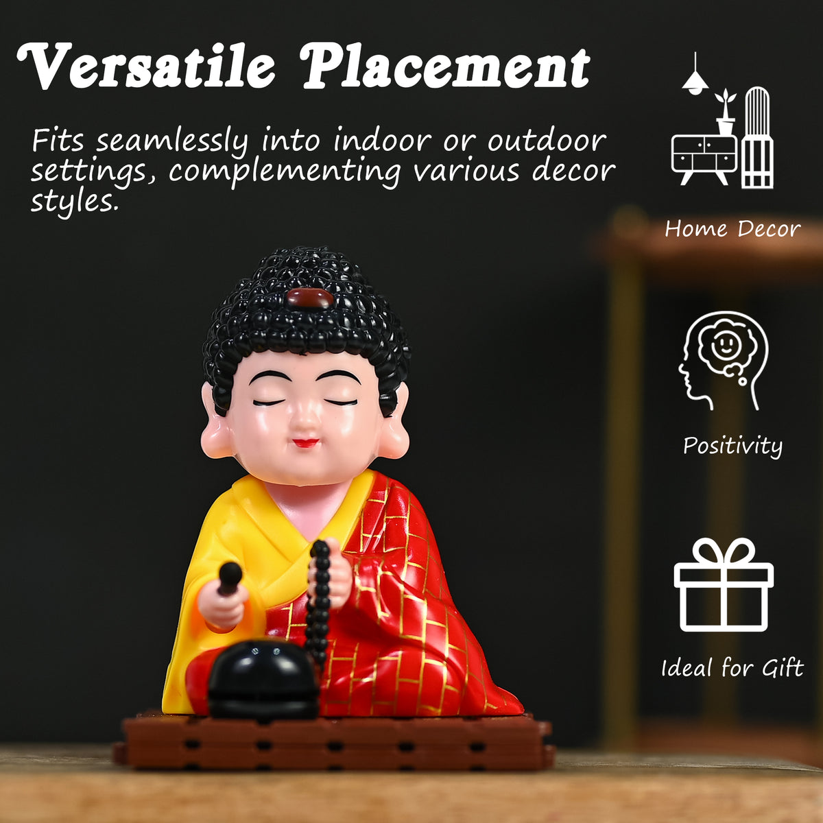 HindCraft Solar-Powered Meditating Monk Showpiece with Prayer Beads and Bell for Home, Office & Car Dashboard Décor