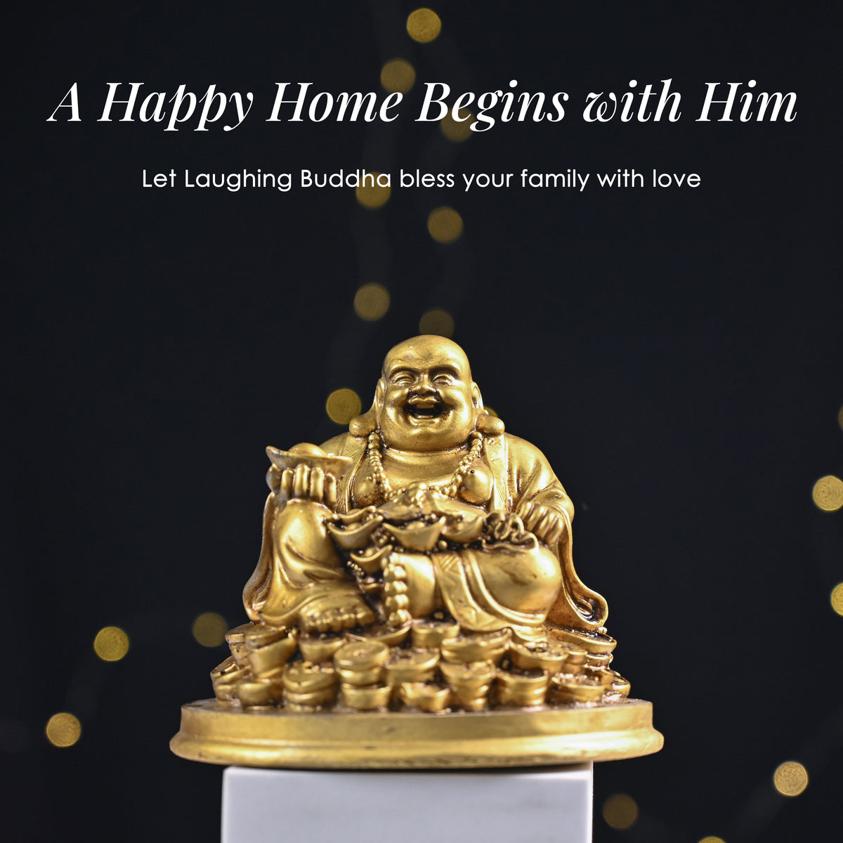 HindCraft Golden Laughing Buddha Idol with Wealth Pot for Home, Office & Table Décor