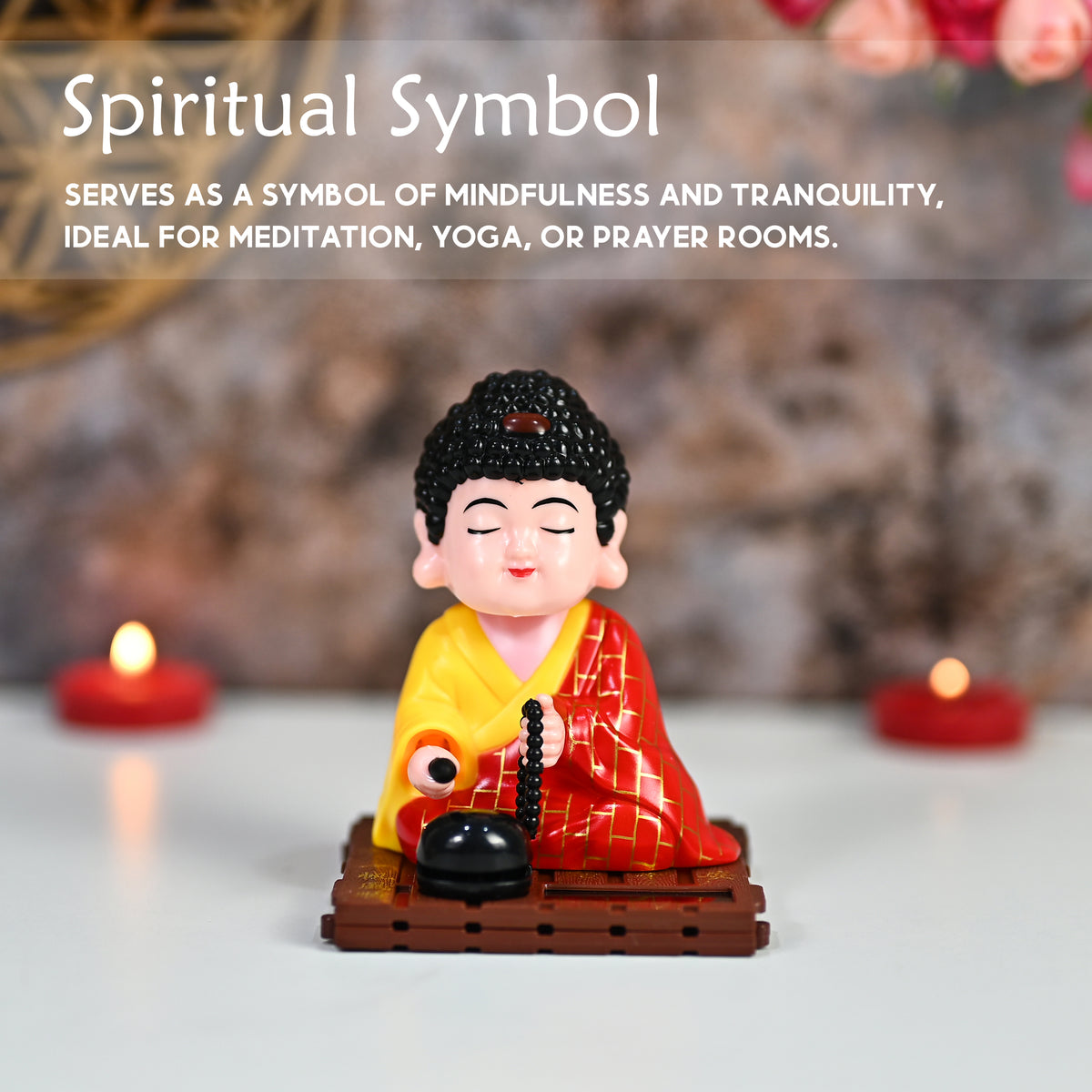 HindCraft Solar-Powered Meditating Monk Showpiece with Prayer Beads and Bell for Home, Office & Car Dashboard Décor
