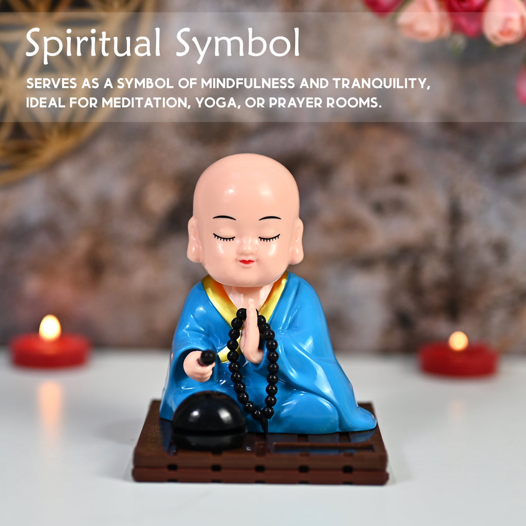 HindCraft Solar-Powered Blue Namaste Monk Showpiece with Prayer Beads for Home, Office & Car Dashboard Décor