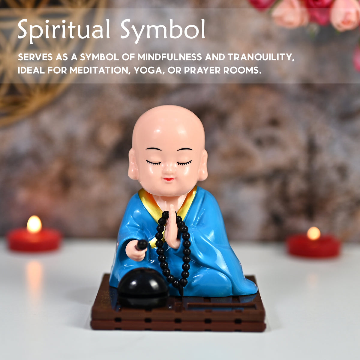 HindCraft Solar-Powered Blue Namaste Monk Showpiece with Prayer Beads for Home, Office & Car Dashboard Décor