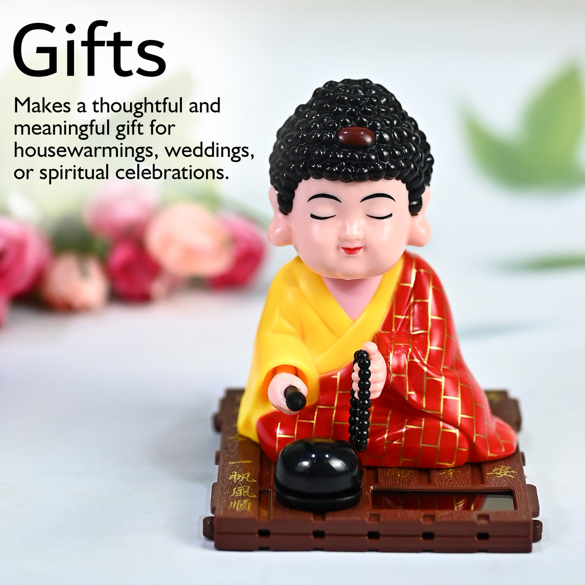 HindCraft Solar-Powered Meditating Monk Showpiece with Prayer Beads and Bell for Home, Office & Car Dashboard Décor