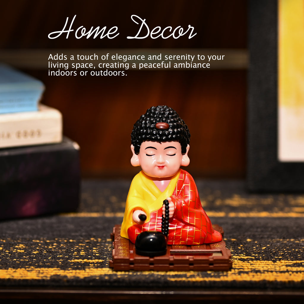HindCraft Solar-Powered Meditating Monk Showpiece with Prayer Beads and Bell for Home, Office & Car Dashboard Décor