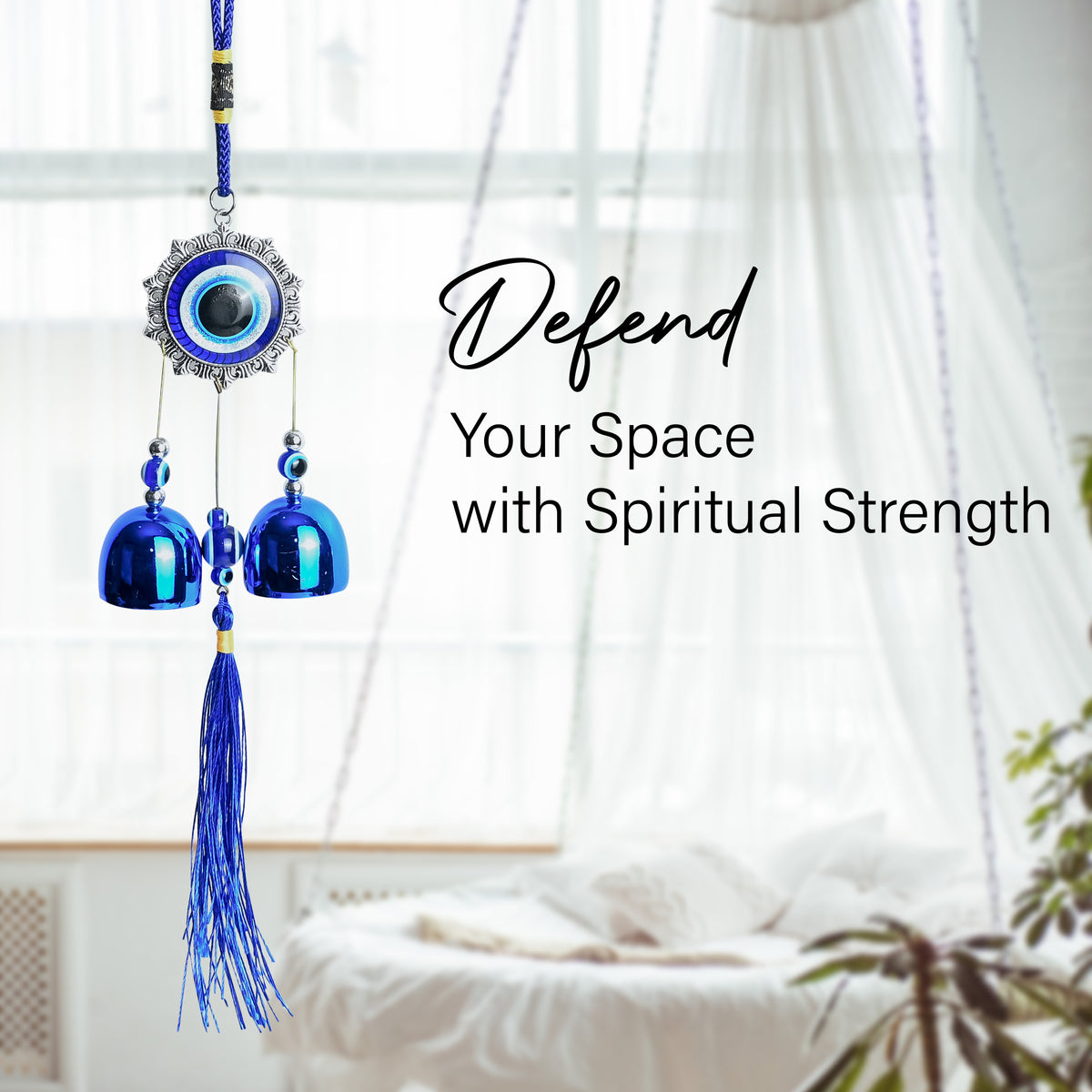 HindCraft Evil Eye Wind Chime Hanging with Blue Bells & Tassel for Home Entrance, Balcony, Door & Wall Décor