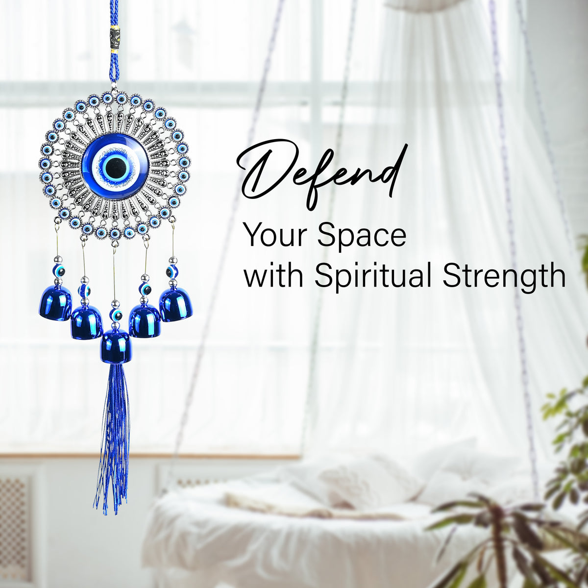 HindCraft Evil Eye Hanging Wall Decor with Blue Bells & Tassel | Turkish Nazar Protection Hanging Ornament for Home, Office, Door & Car
