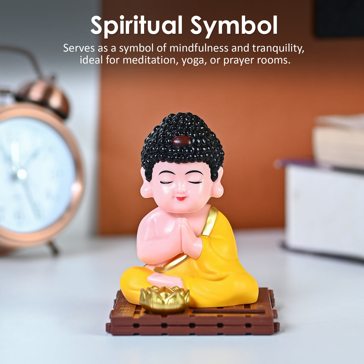 HindCraft Solar-Powered Namaste Buddha Monk Showpiece with Lotus for Home, Office & Car Dashboard Décor