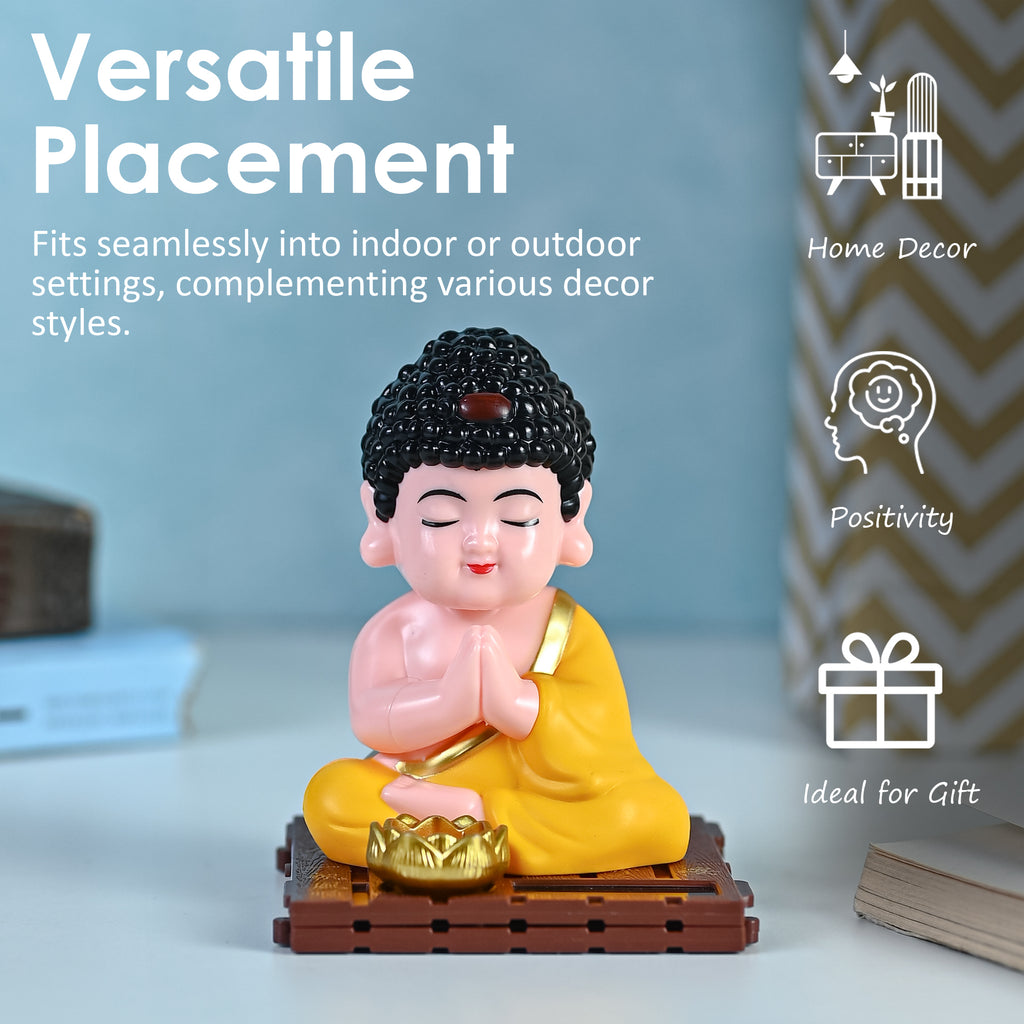 HindCraft Solar-Powered Namaste Buddha Monk Showpiece with Lotus for Home, Office & Car Dashboard Décor