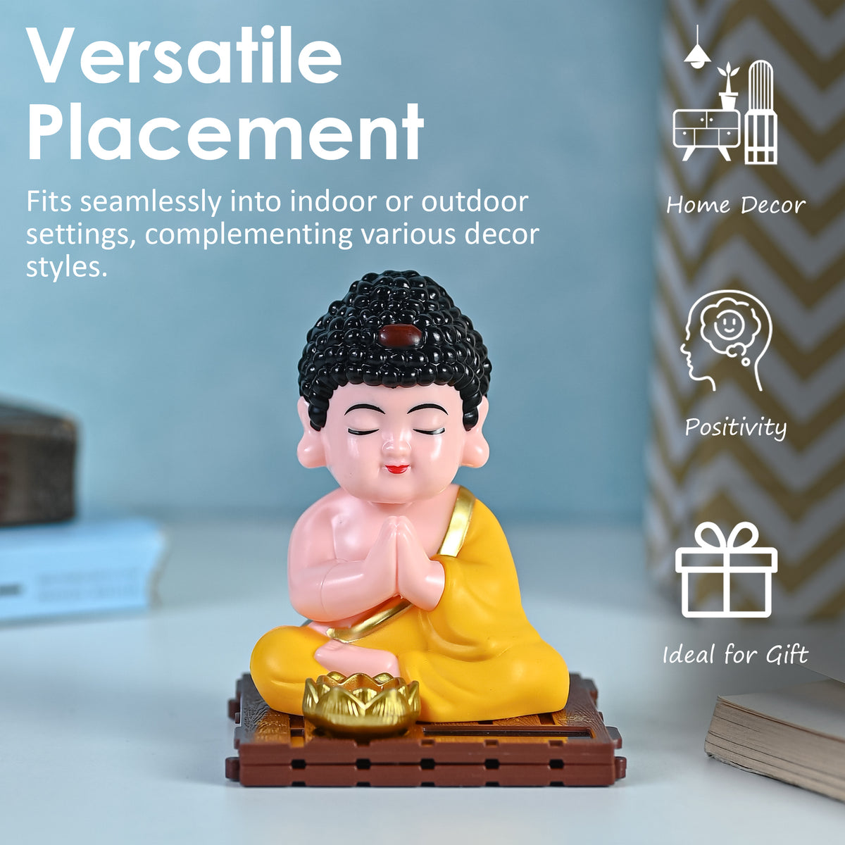 HindCraft Solar-Powered Namaste Buddha Monk Showpiece with Lotus for Home, Office & Car Dashboard Décor