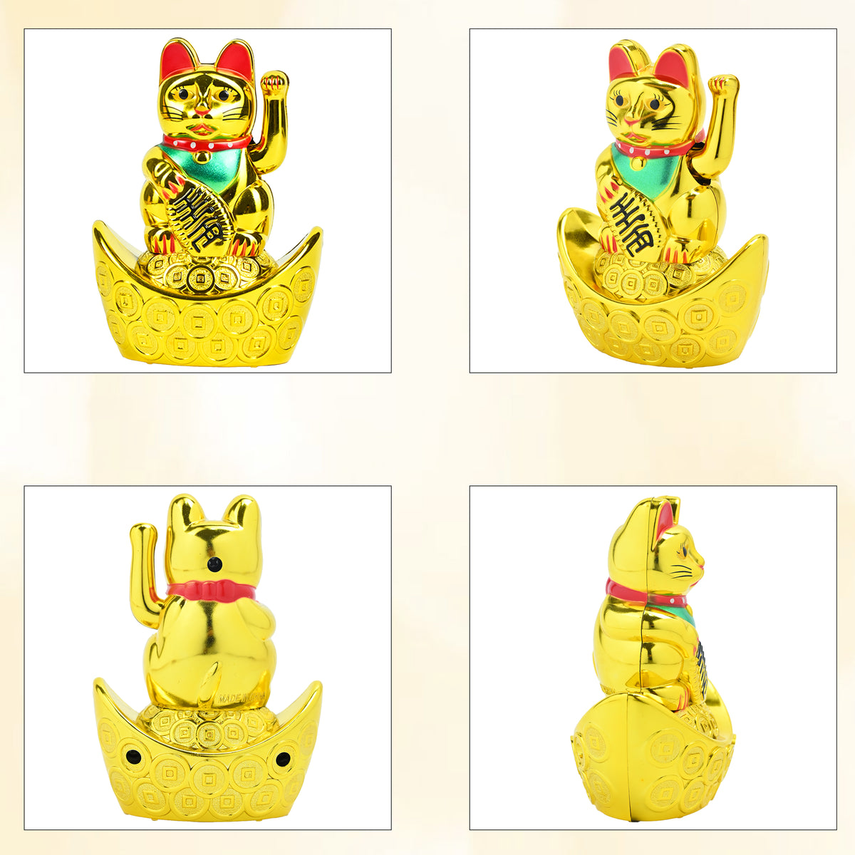 HindCraft Golden Lucky Waving Cat Showpiece, Feng Shui Money Cat Sitting on Gold Ingots, Wealth & Good Luck Decor, Lucky Cat Statue for Home, Office, Housewarming, Birthday & Valentine Gift