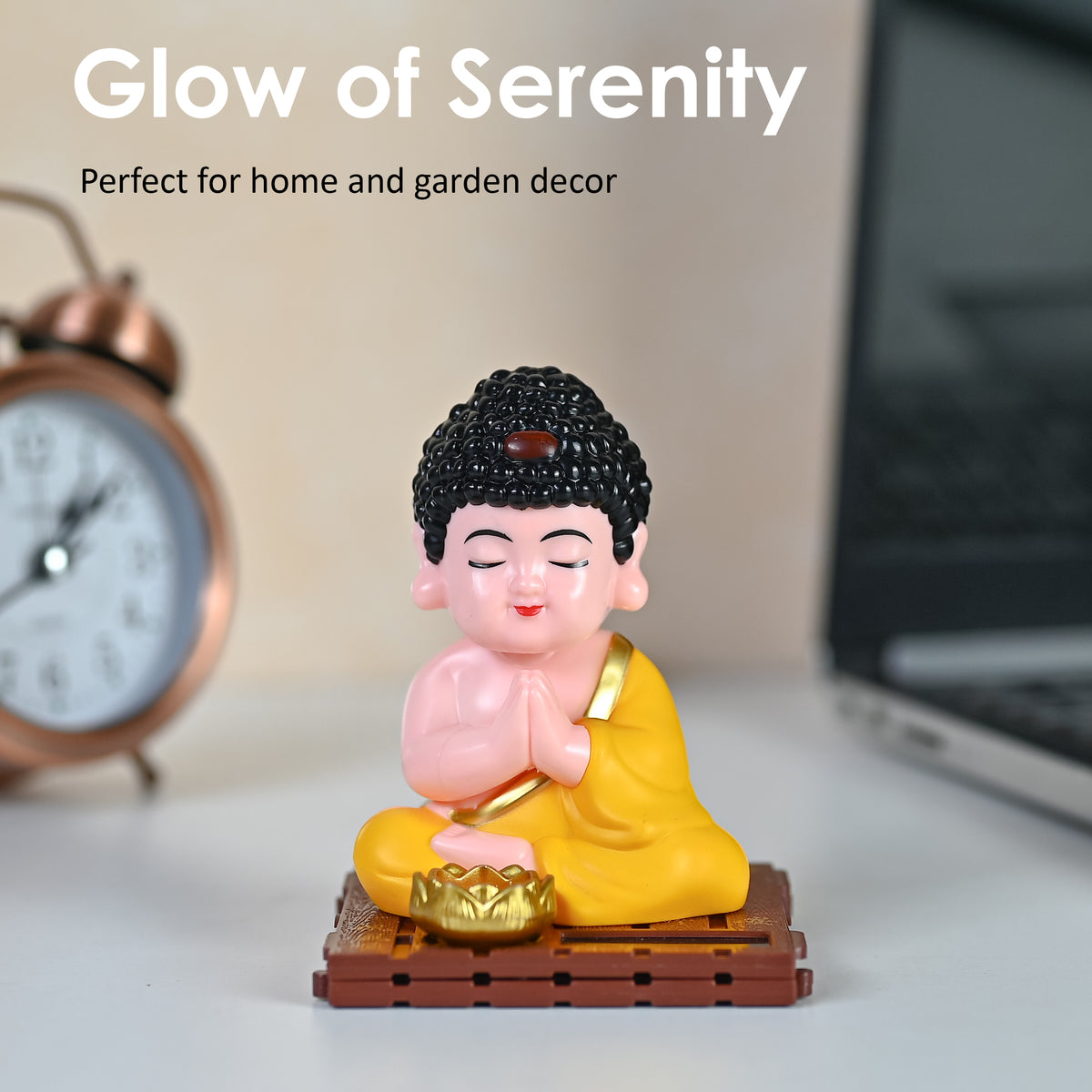 HindCraft Solar-Powered Namaste Buddha Monk Showpiece with Lotus for Home, Office & Car Dashboard Décor