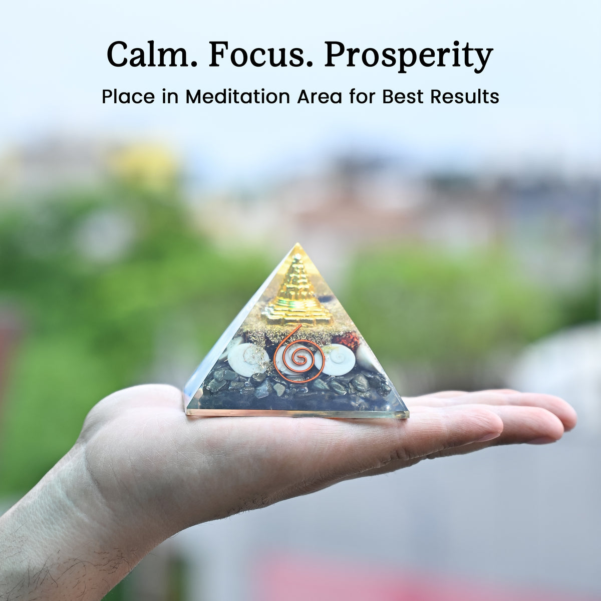 HindCraft Pyrite Money Magnet Orgonite Pyramid with Shree Yantra, Pyrite Chips, Gomti Chakra, Rudraksha and Copper Coil for Vastu Home Décor