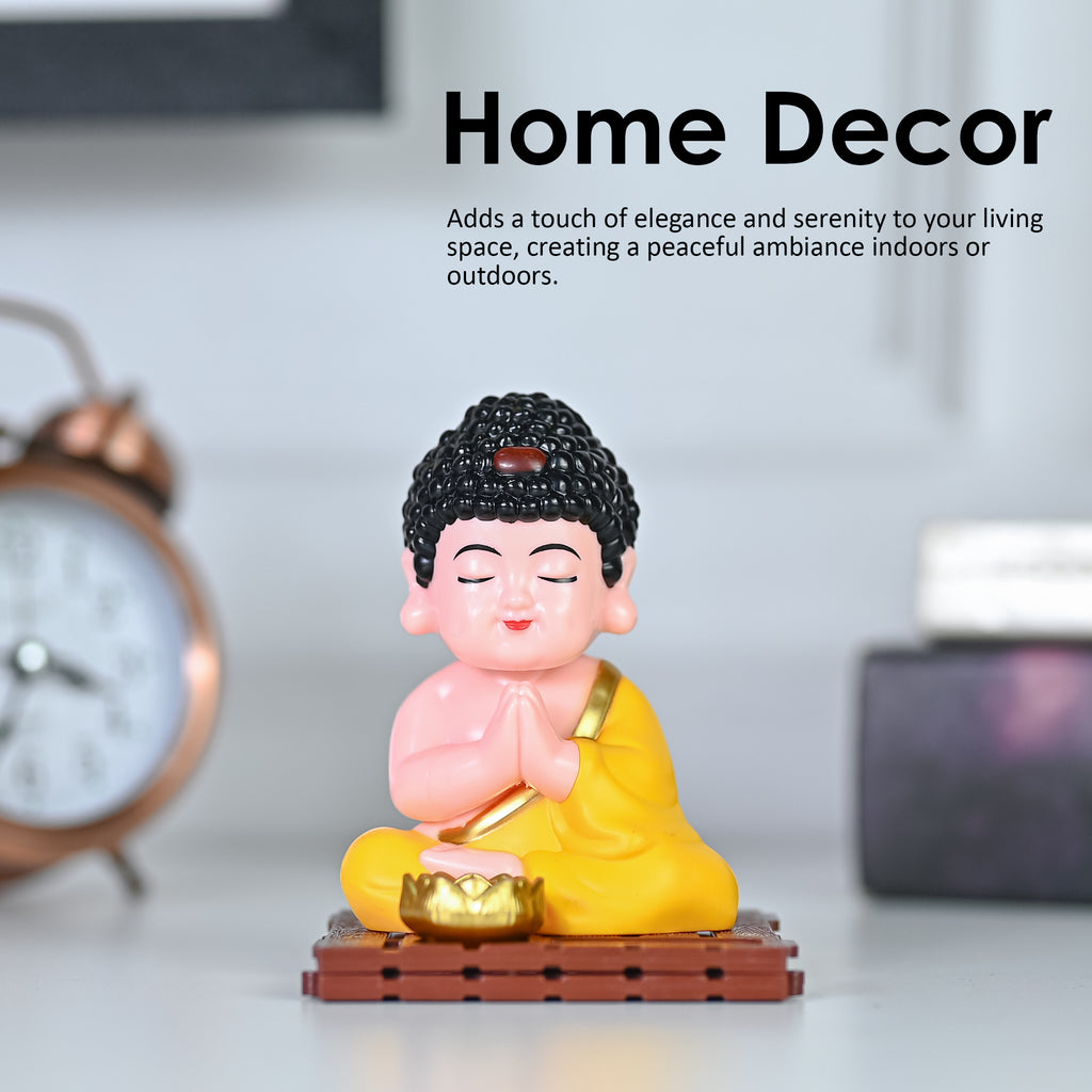 HindCraft Solar-Powered Namaste Buddha Monk Showpiece with Lotus for Home, Office & Car Dashboard Décor