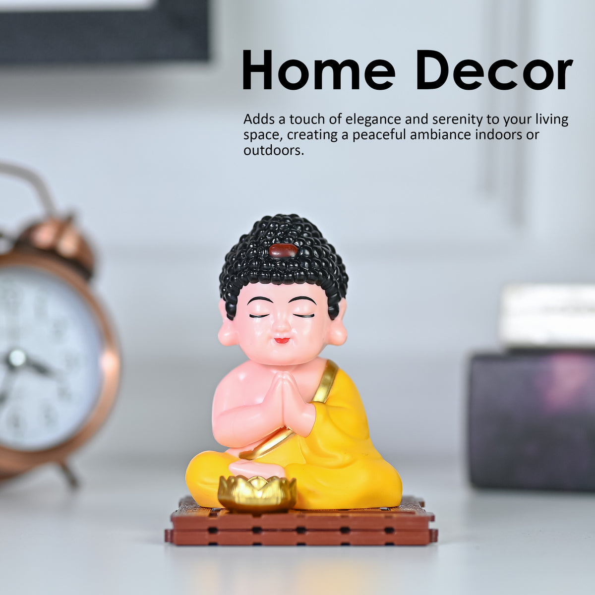 HindCraft Solar-Powered Namaste Buddha Monk Showpiece with Lotus for Home, Office & Car Dashboard Décor