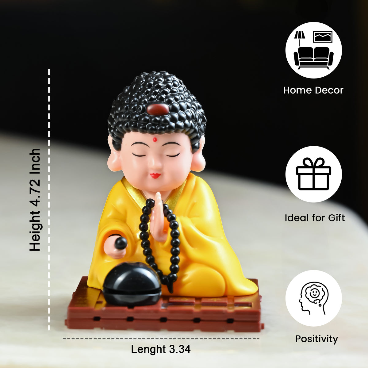 HindCraft Solar-Powered Yellow Meditating Monk Showpiece with Prayer Beads and Bell for Home, Office & Car Dashboard Décor