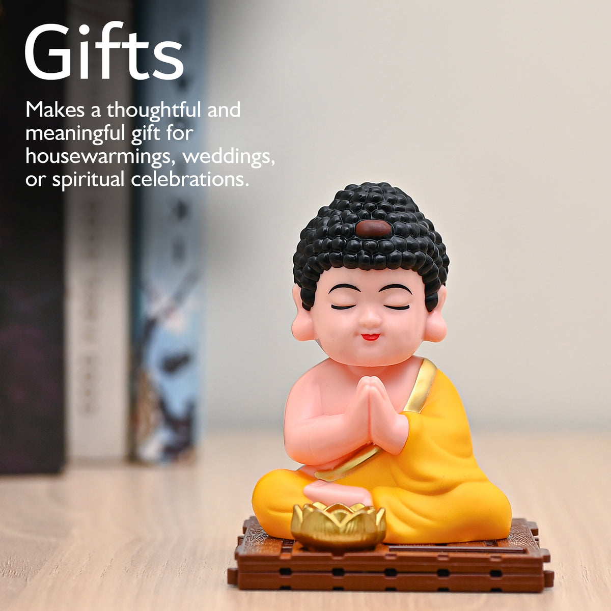 HindCraft Solar-Powered Namaste Buddha Monk Showpiece with Lotus for Home, Office & Car Dashboard Décor